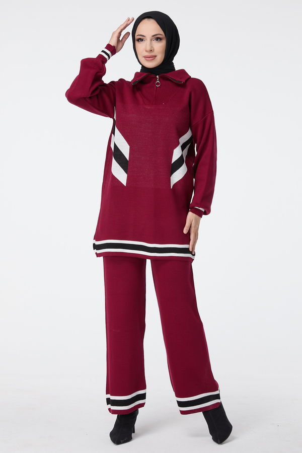 Düz Balıkcı Yaka Kadın Bordo Triko Tunik Pantolon - 23512