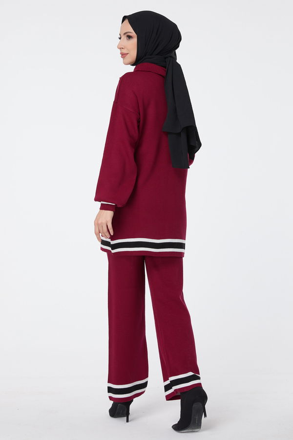 Düz Balıkcı Yaka Kadın Bordo Triko Tunik Pantolon - 23512
