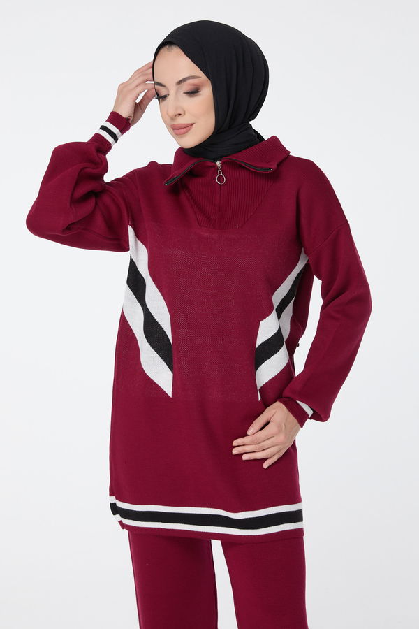 Düz Balıkcı Yaka Kadın Bordo Triko Tunik Pantolon - 23512