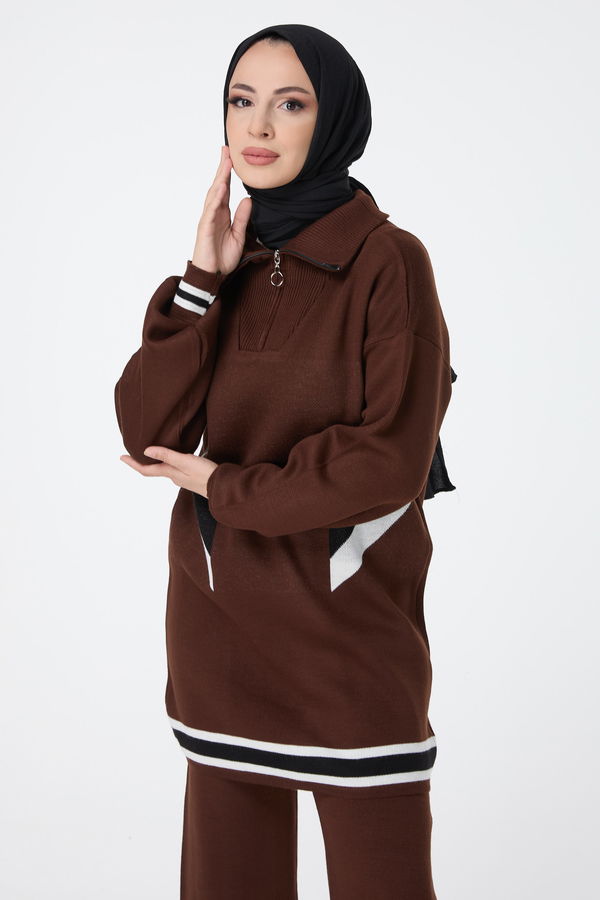Düz Balıkcı Yaka Kadın Kahverengi Triko Tunik Pantolon - 23512