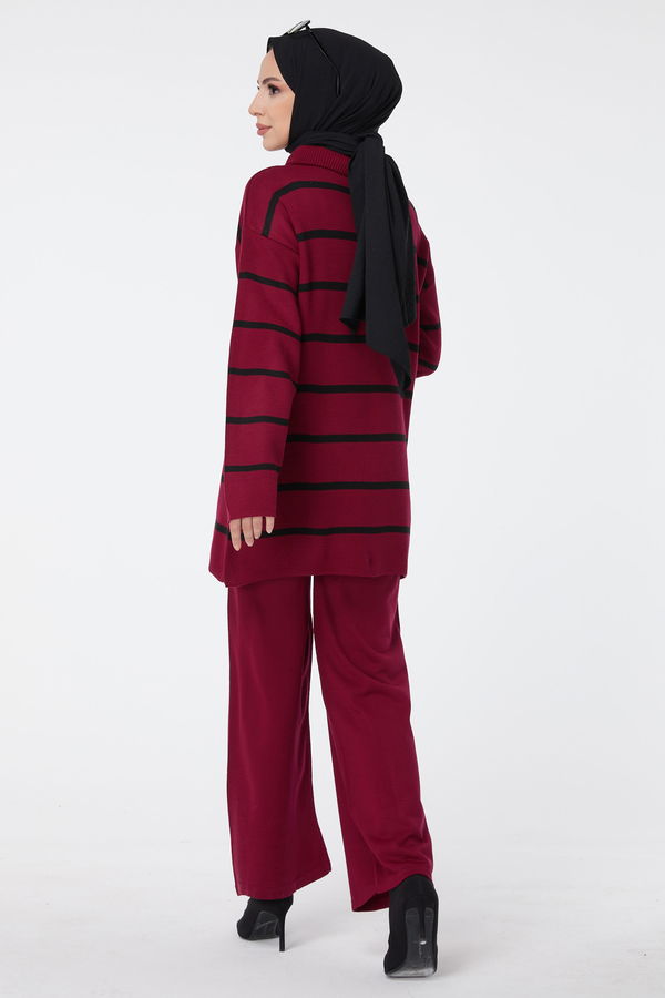 Düz Ceket Yaka Kadın Bordo Triko Tunik Pantolon - 23515