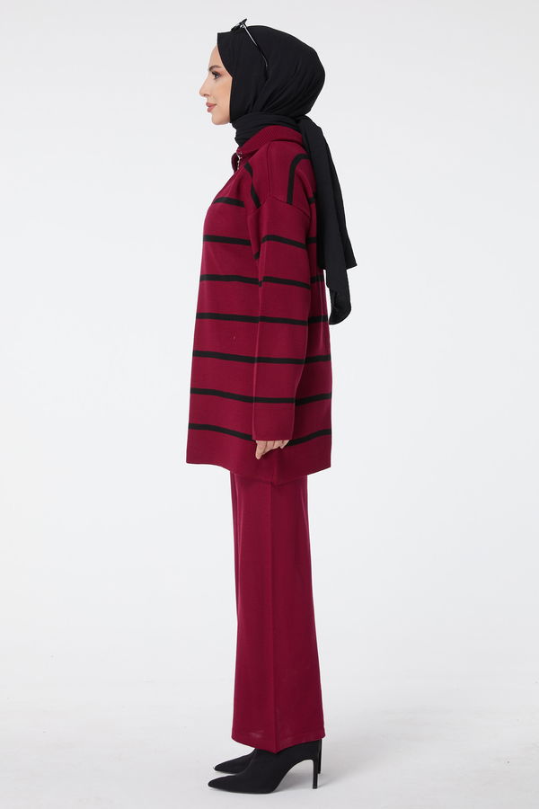 Düz Ceket Yaka Kadın Bordo Triko Tunik Pantolon - 23515