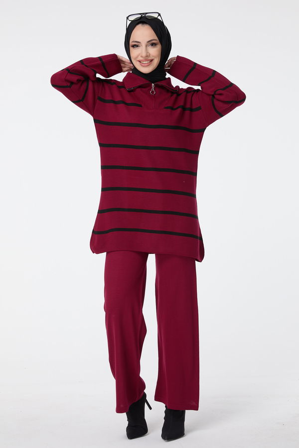 Düz Ceket Yaka Kadın Bordo Triko Tunik Pantolon - 23515