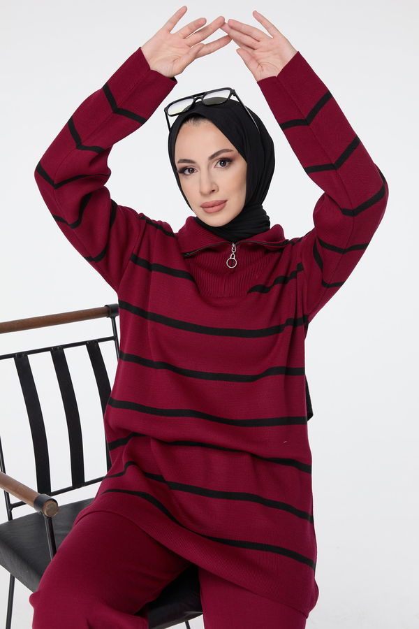 Düz Ceket Yaka Kadın Bordo Triko Tunik Pantolon - 23515