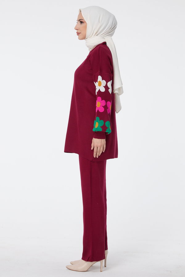 Düz Bisiklet Yaka Kadın Bordo Triko Tunik Pantolon - 23511