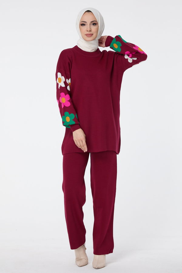 Düz Bisiklet Yaka Kadın Bordo Triko Tunik Pantolon - 23511