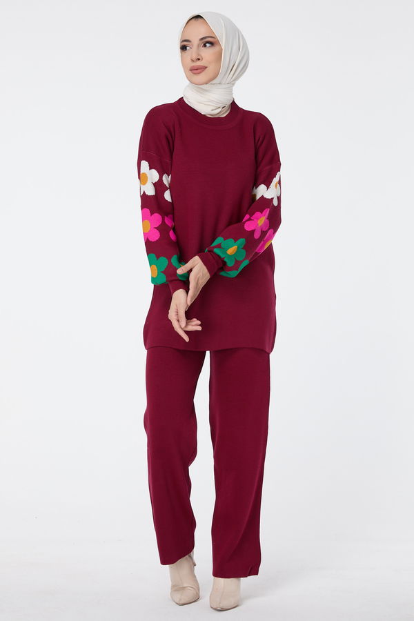 Düz Bisiklet Yaka Kadın Bordo Triko Tunik Pantolon - 23511