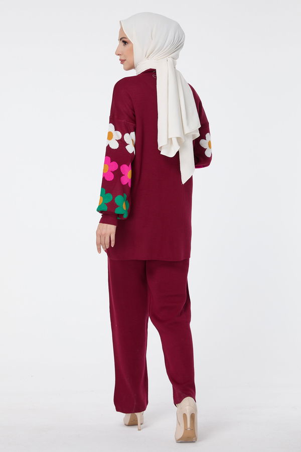 Düz Bisiklet Yaka Kadın Bordo Triko Tunik Pantolon - 23511