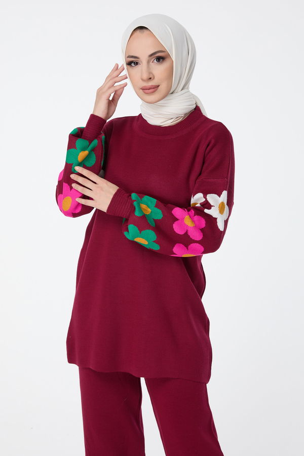 Düz Bisiklet Yaka Kadın Bordo Triko Tunik Pantolon - 23511