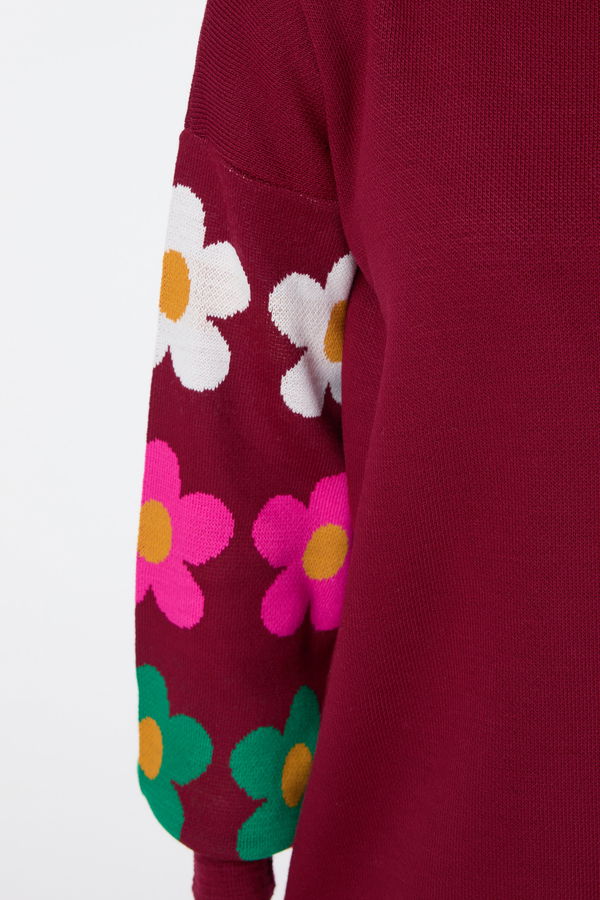 Düz Bisiklet Yaka Kadın Bordo Triko Tunik Pantolon - 23511
