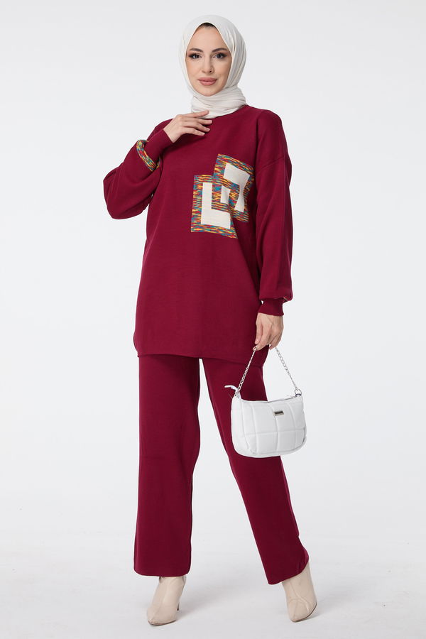 Düz Bisiklet Yaka Kadın Bordo Triko Tunik Pantolon - 23524