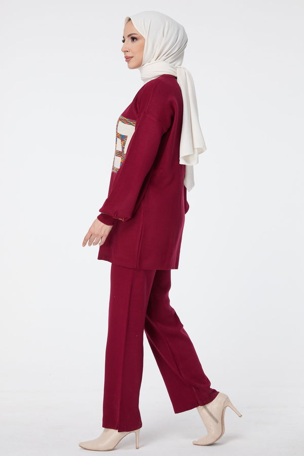 Düz Bisiklet Yaka Kadın Bordo Triko Tunik Pantolon - 23524