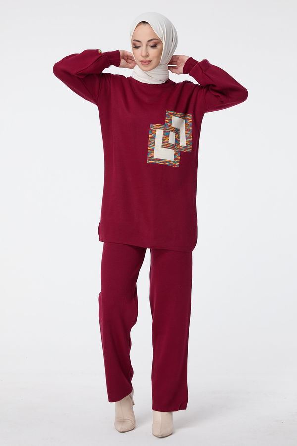 Düz Bisiklet Yaka Kadın Bordo Triko Tunik Pantolon - 23524