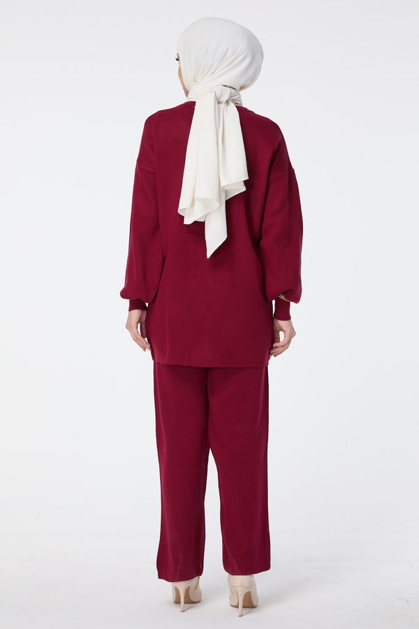 Düz Bisiklet Yaka Kadın Bordo Triko Tunik Pantolon - 23524