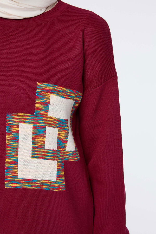 Düz Bisiklet Yaka Kadın Bordo Triko Tunik Pantolon - 23524