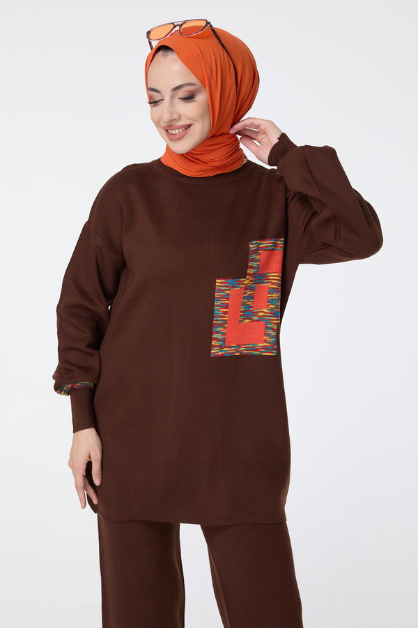 Düz Bisiklet Yaka Kadın Kahverengi Triko Tunik Pantolon - 23524