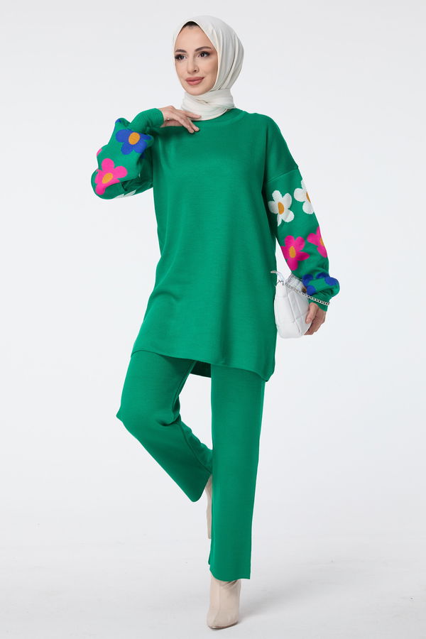 Düz Bisiklet Yaka Kadın Yeşil Triko Tunik Pantolon - 23511