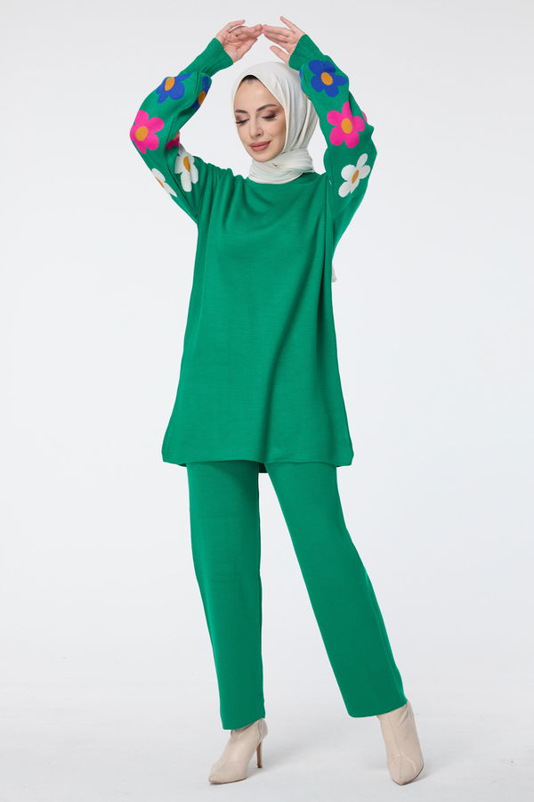 Düz Bisiklet Yaka Kadın Yeşil Triko Tunik Pantolon - 23511