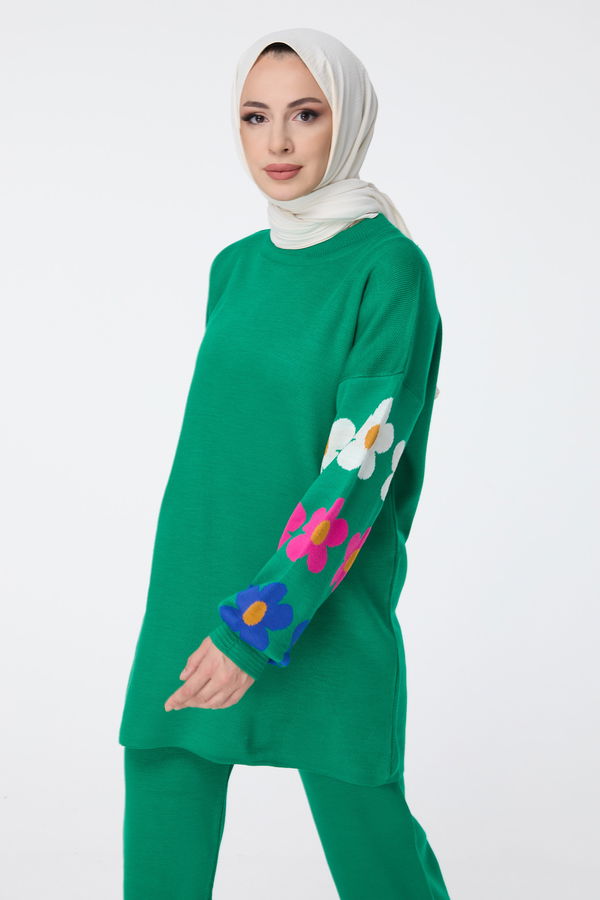 Düz Bisiklet Yaka Kadın Yeşil Triko Tunik Pantolon - 23511