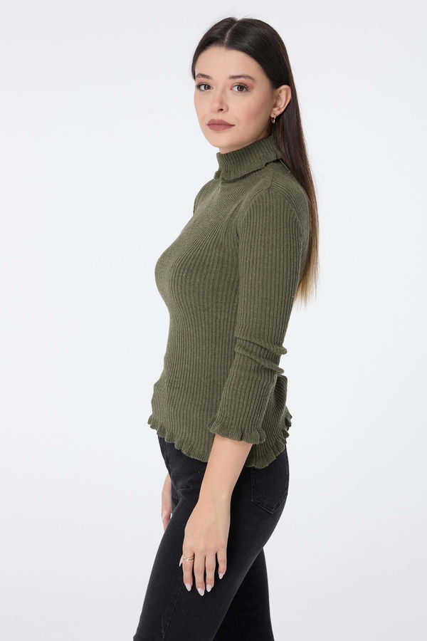 Düz Yarım Balıkçı Yaka Kadın Haki Triko Kazak - 23540 HAKİ