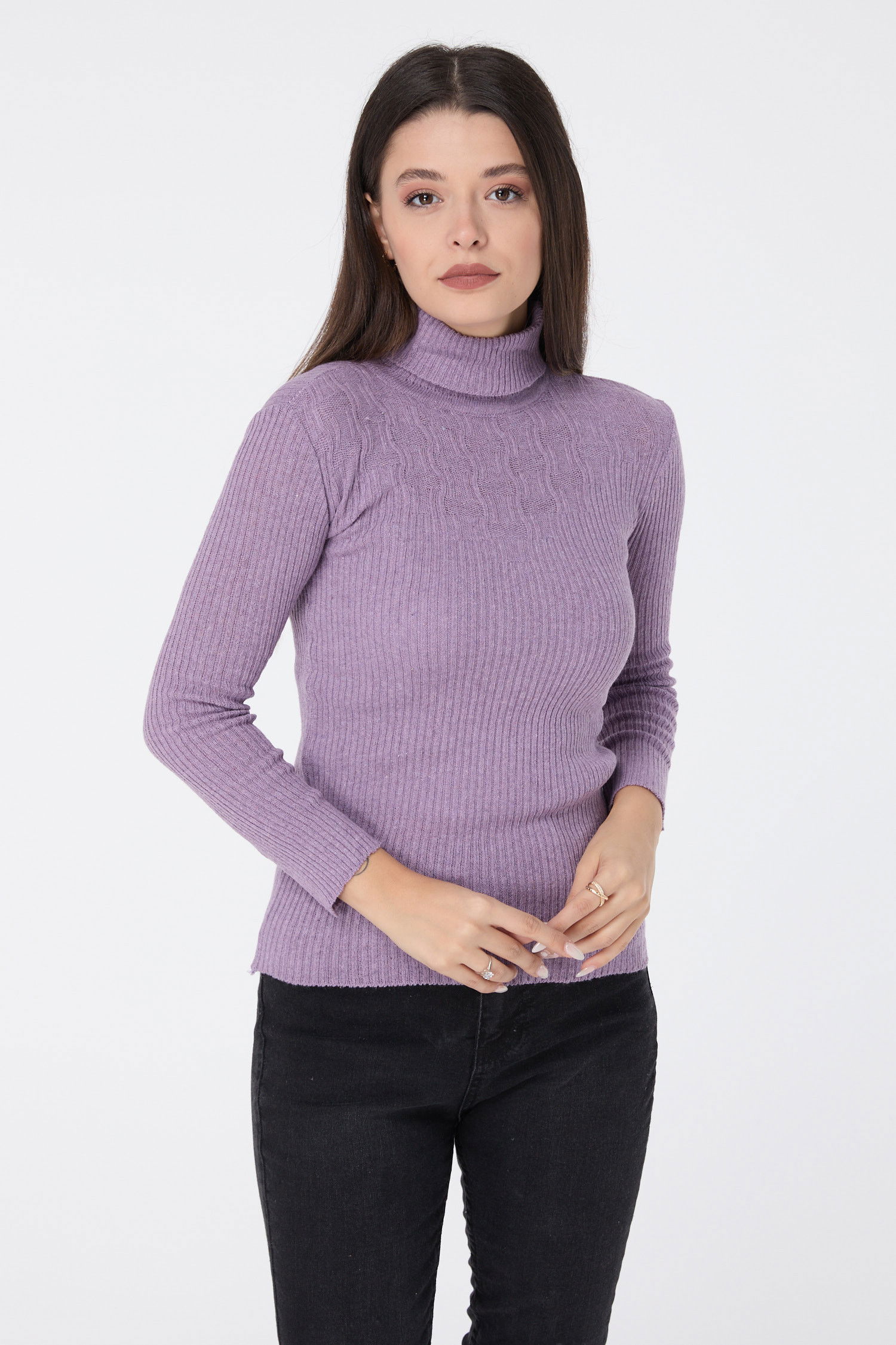 Düz Yarım Balıkçı Yaka Kadın Lila Triko Kazak - 23537 LİLA