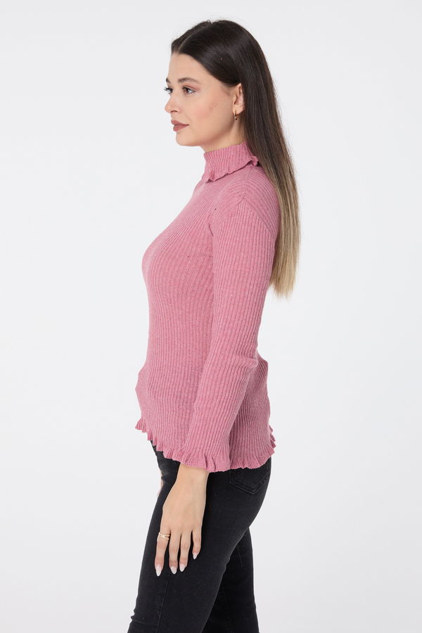Düz Yarım Balıkçı Yaka Kadın Pembe Triko Kazak - 23540