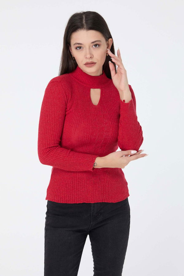 Düz Yarım Balıkçı Yaka Kadın Kırmızı Triko Kazak - 23541