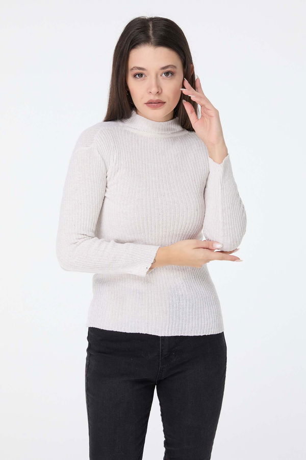Düz Yarım Balıkçı Yaka Kadın Bej Triko Kazak - 23538