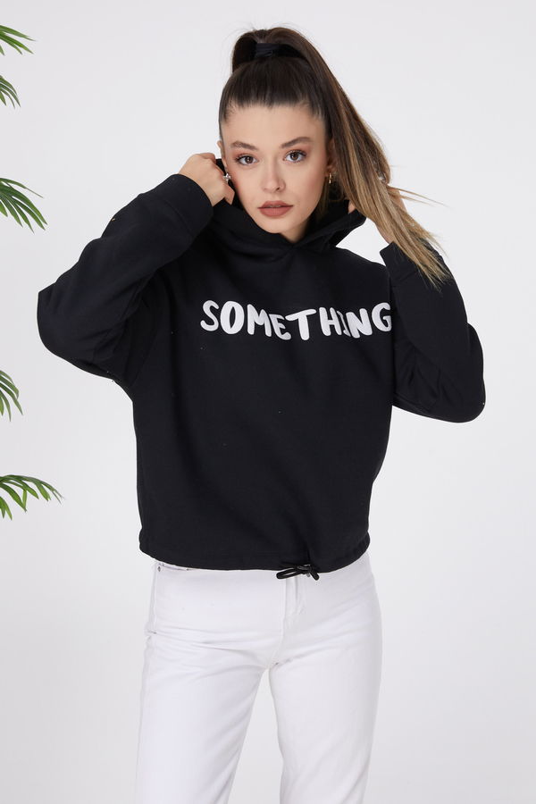 Düz Kapşonlu Yaka Kadın Siyah Sweat - 23610