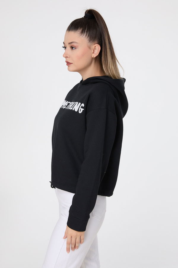 Düz Kapşonlu Yaka Kadın Siyah Sweat - 23610