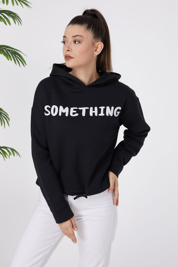 Düz Kapşonlu Yaka Kadın Siyah Sweat - 23610