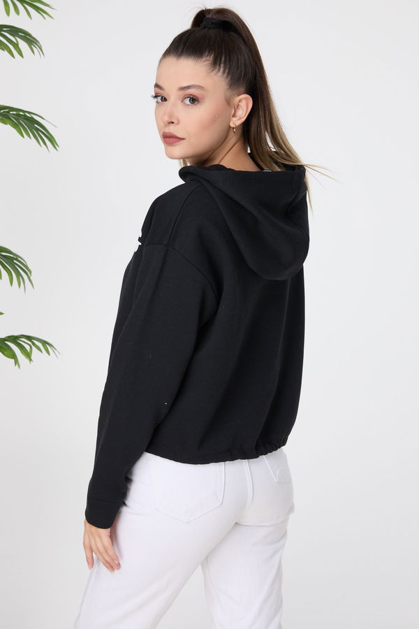 Düz Kapşonlu Yaka Kadın Siyah Sweat - 23610