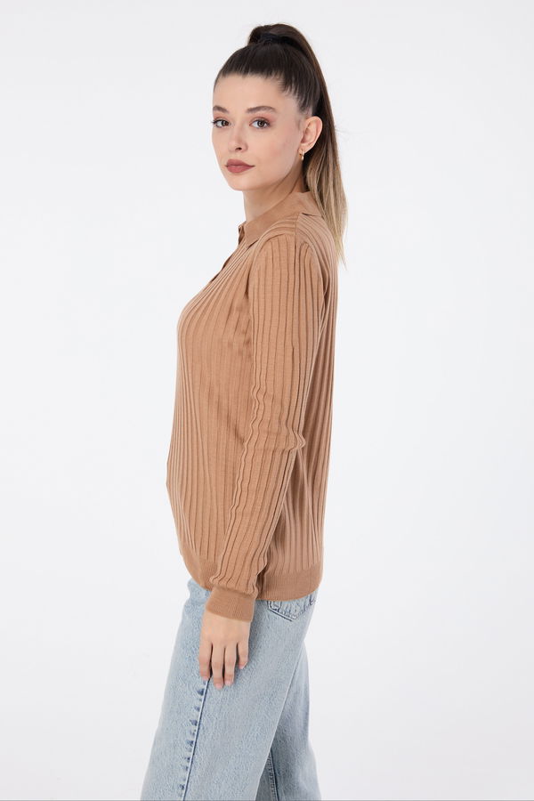 Düz Gömlek Yaka Kadın Taba Triko Kazak - 23595 TABA