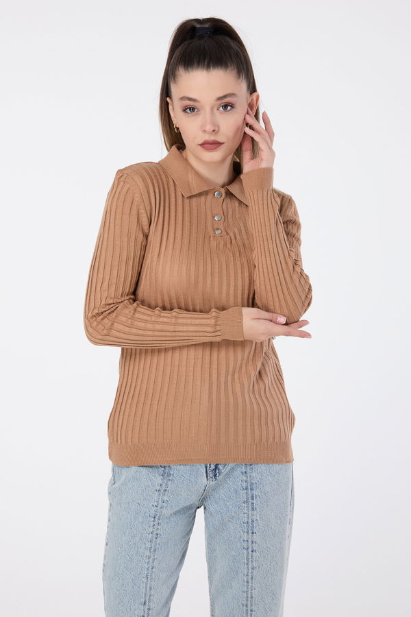 Düz Gömlek Yaka Kadın Taba Triko Kazak - 23595 TABA