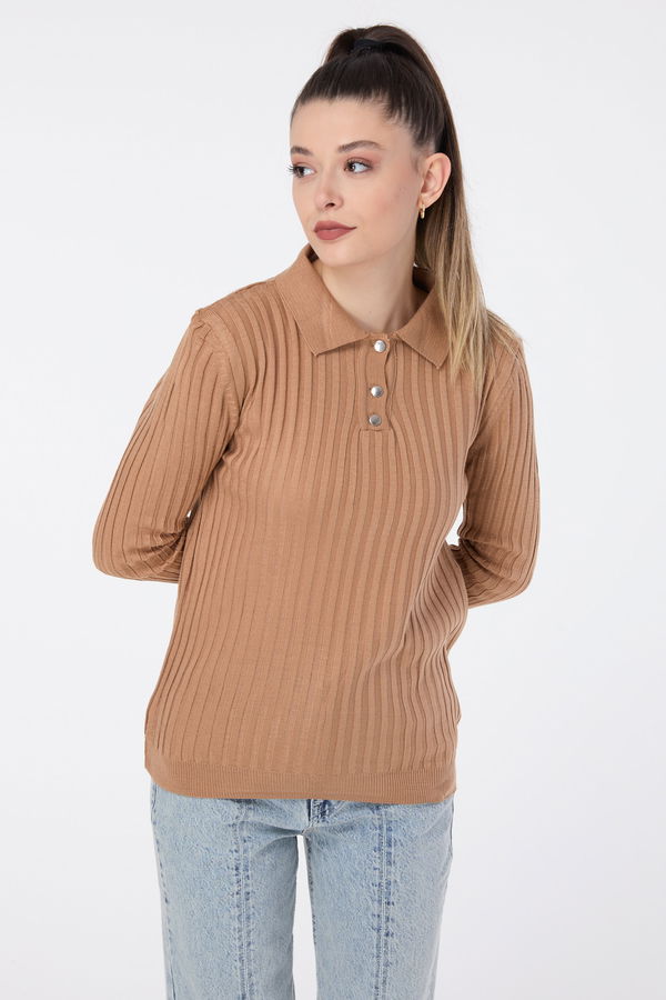Düz Gömlek Yaka Kadın Taba Triko Kazak - 23595 TABA