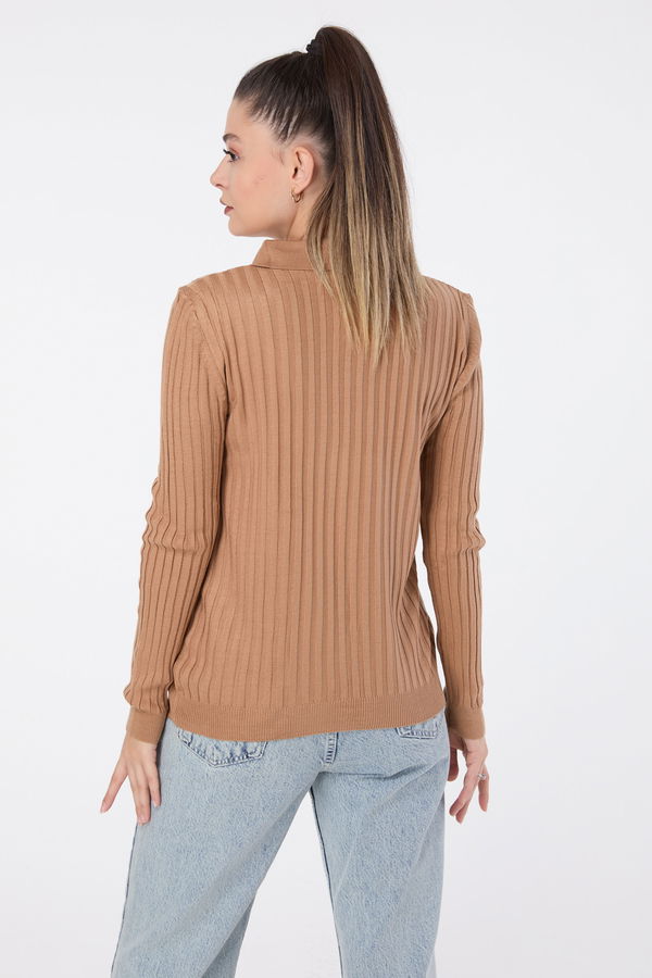 Düz Gömlek Yaka Kadın Taba Triko Kazak - 23595 TABA