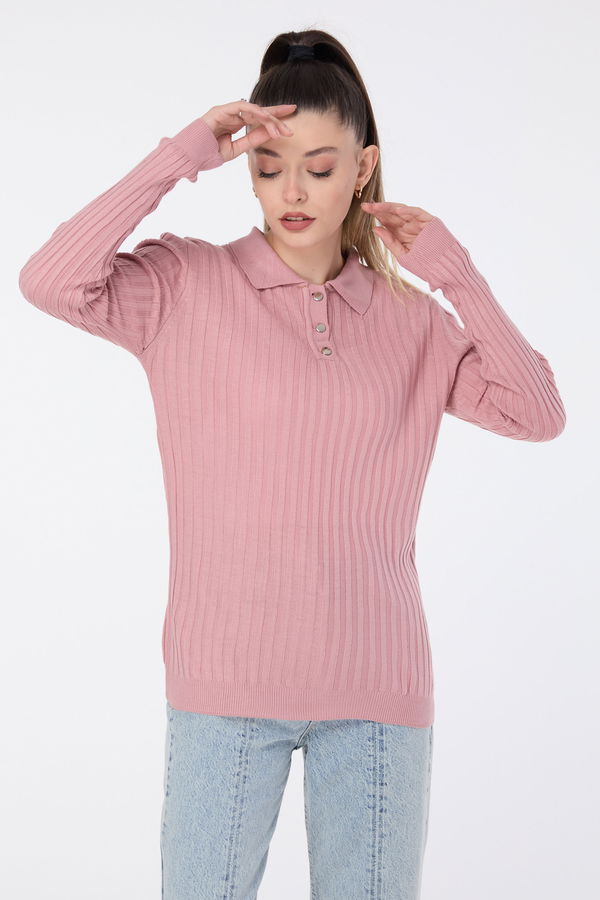 Düz Gömlek Yaka Kadın Pembe Triko Kazak - 23595