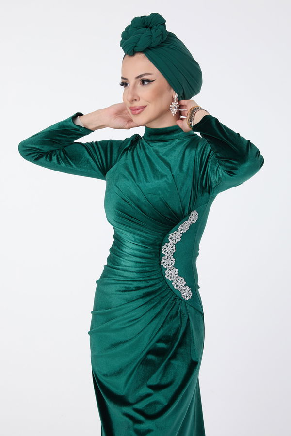 Düz Hakim Yaka Kadın Yeşil Abiye Elbise - 23591 YEŞİL