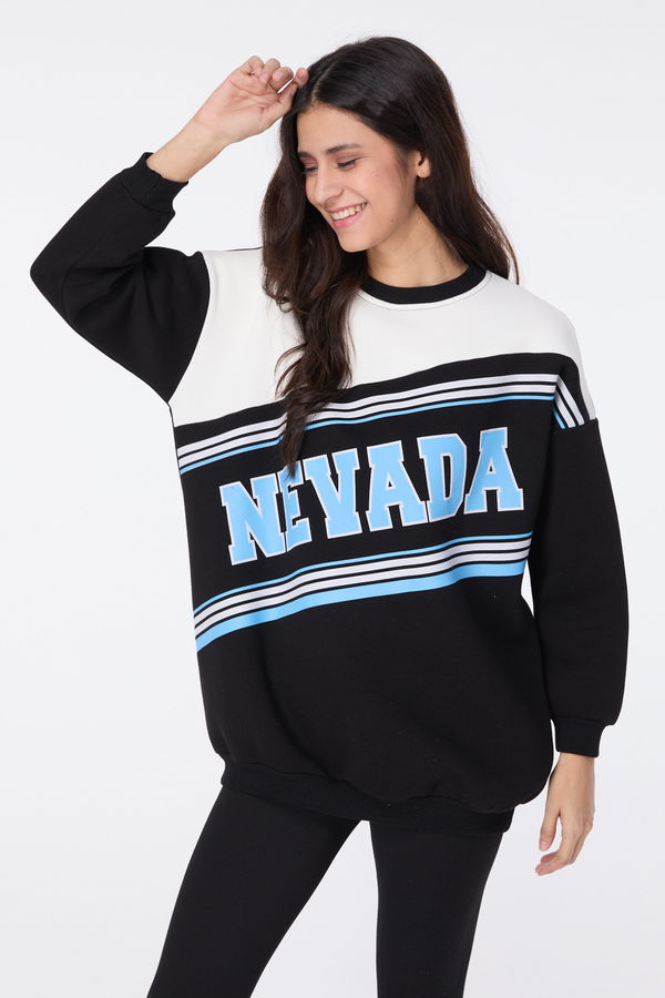 Düz Bisiklet Yaka Kadın Siyah Sweat - 23609 SİYAH