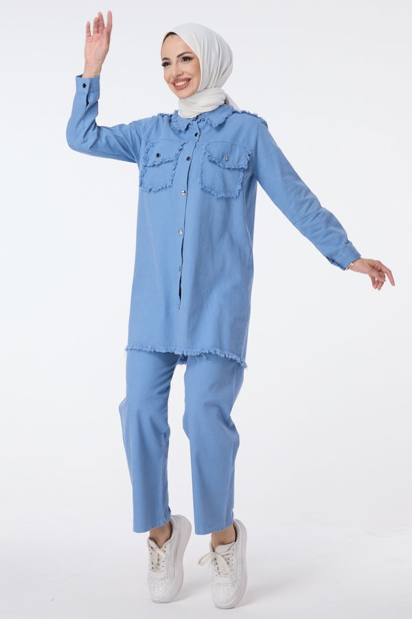 Düz Gömlek Yaka Kadın Mavi Tunik Pantolon - 23690