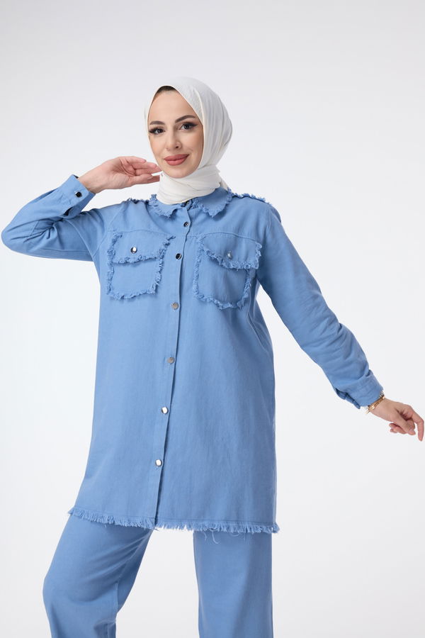Düz Gömlek Yaka Kadın Mavi Tunik Pantolon - 23690