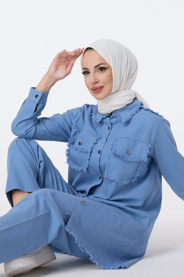 Düz Gömlek Yaka Kadın Mavi Tunik Pantolon - 23690
