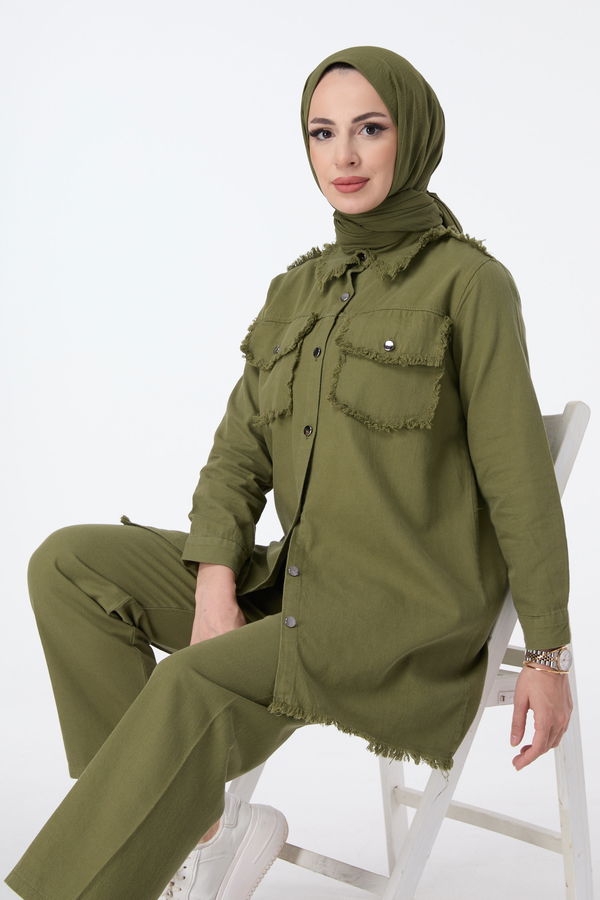 Düz Gömlek Yaka Kadın Haki Tunik Pantolon - 23690