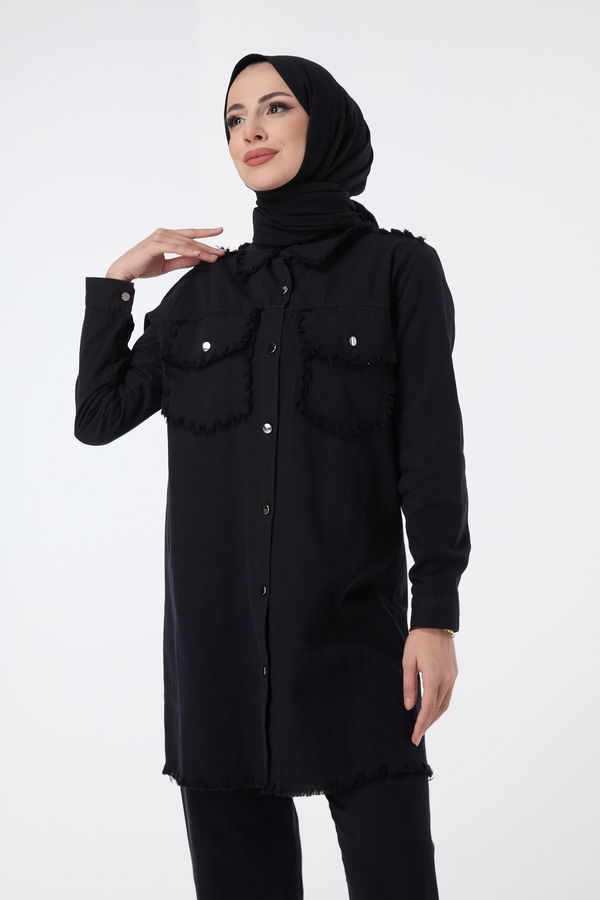 Düz Gömlek Yaka Kadın Siyah Tunik Pantolon - 23690 SİYAH