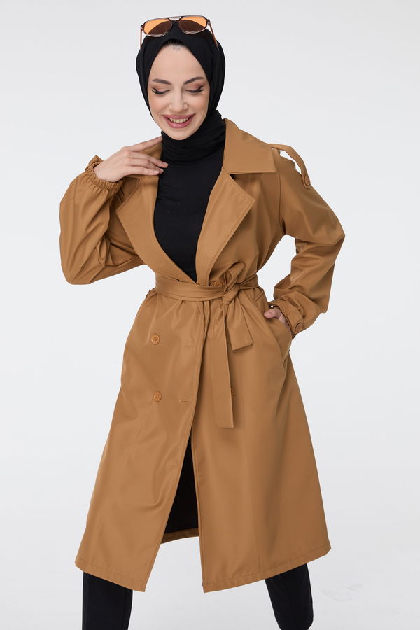Düz Ceket Yaka Kadın Taba Trenç - 23699