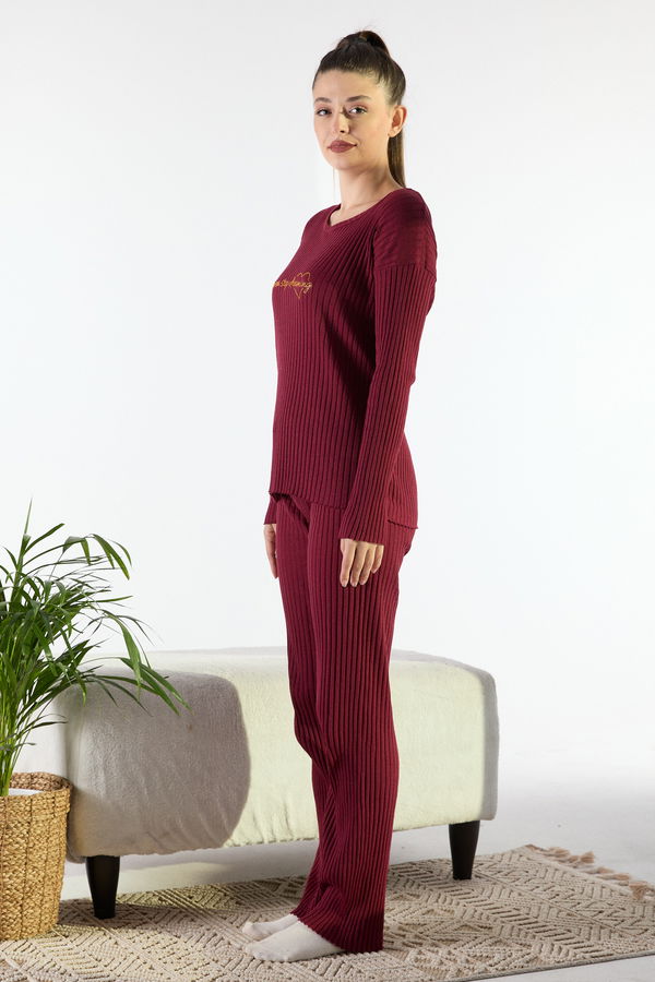 Düz Bisiklet Yaka Kadın Bordo Pijama Takımı - 23547 BORDO