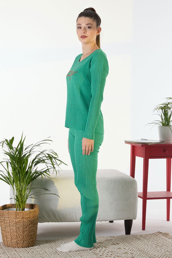 Düz Bisiklet Yaka Kadın Yeşil Pijama Takımı - 23648