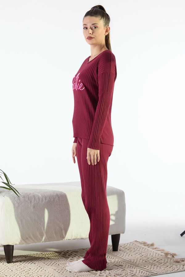 Düz Bisiklet Yaka Kadın Bordo Pijama Takımı - 23649 BORDO