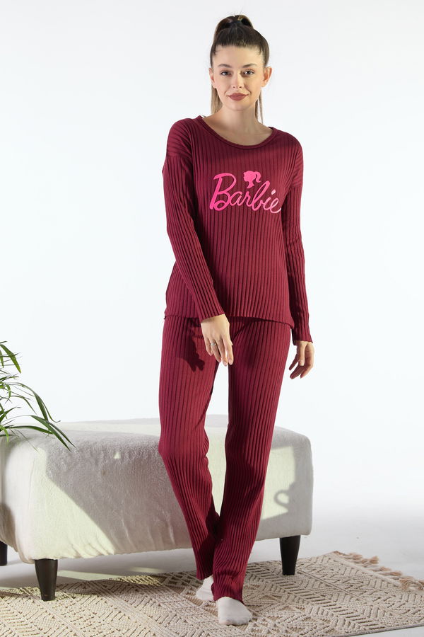 Düz Bisiklet Yaka Kadın Bordo Pijama Takımı - 23649 BORDO