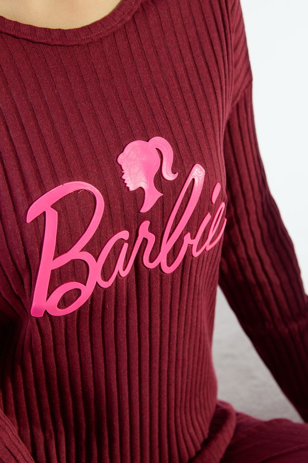 Düz Bisiklet Yaka Kadın Bordo Pijama Takımı - 23649 BORDO